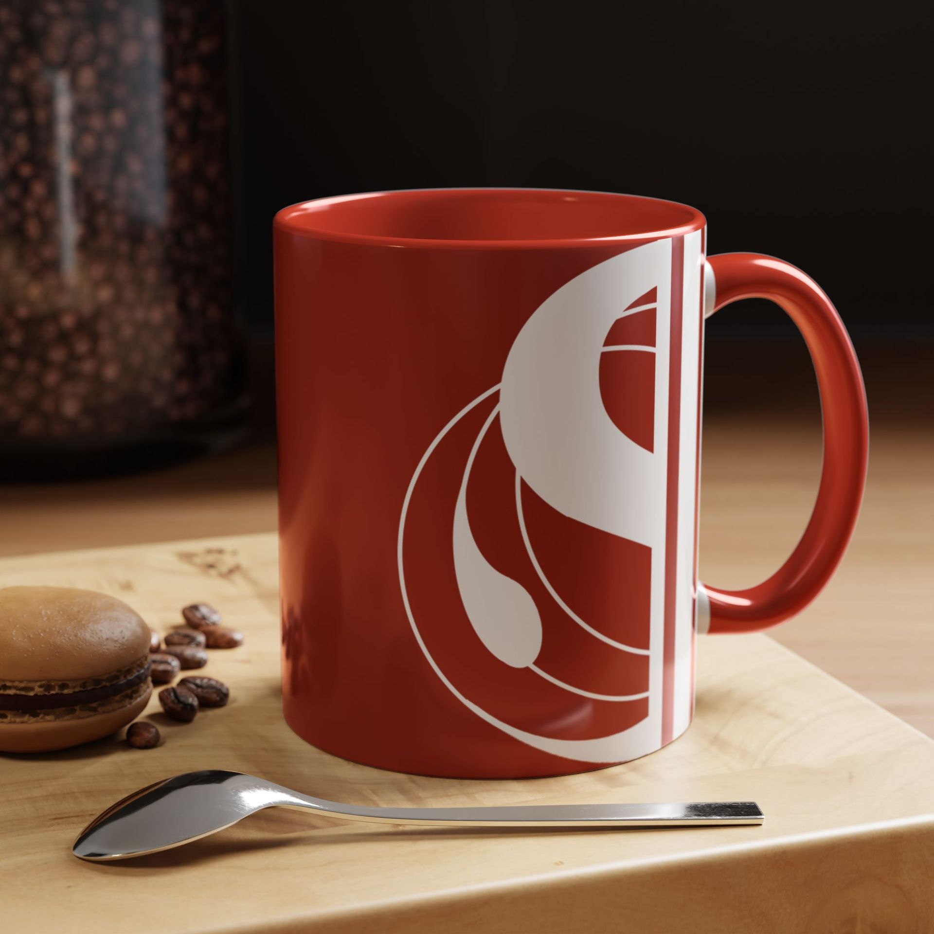 Serenity Red Ceramic Coffee Mug (11oz/15oz) – Elegant Minimalist, USA on table