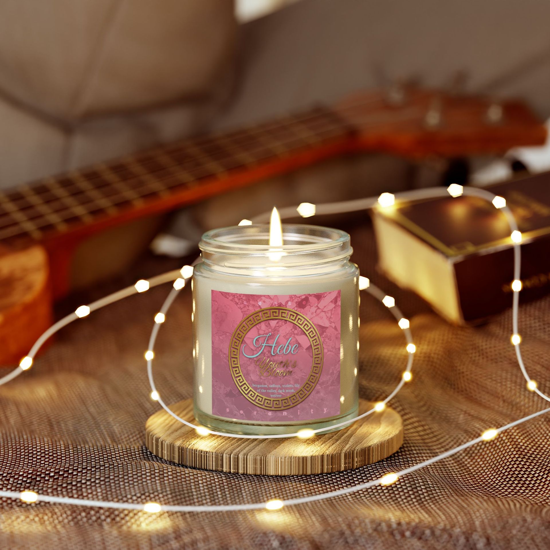 Cashmere Musk Scented Candle – Hebe | Bergamot, Violet &amp; Vetiver on table