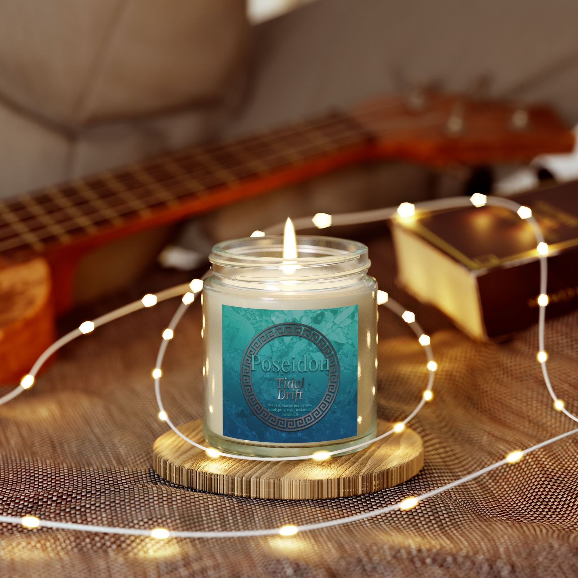 Sea Salt &amp; Driftwood Scented Candle – Poseidon | Ocean Fresh on table