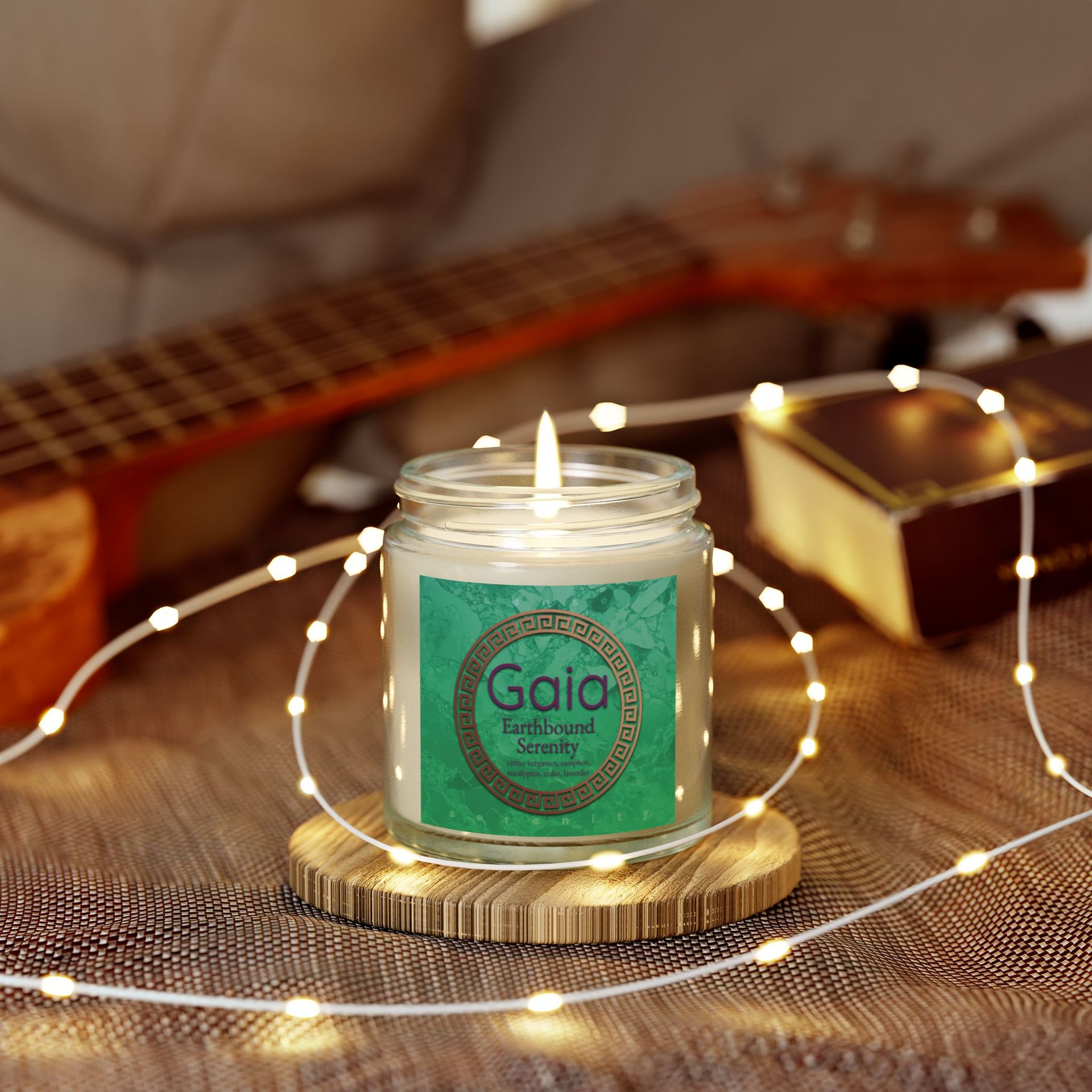 Lavender &amp; Eucalyptus Scented Candle – Gaia | Citrus, Cedar &amp; Calm on table