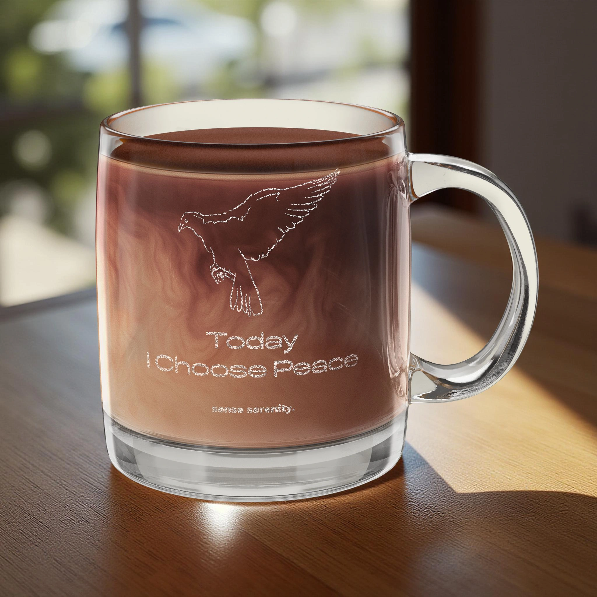 Today I Choose Peace Glass Mug – Engraved Dove, USA Made on the table