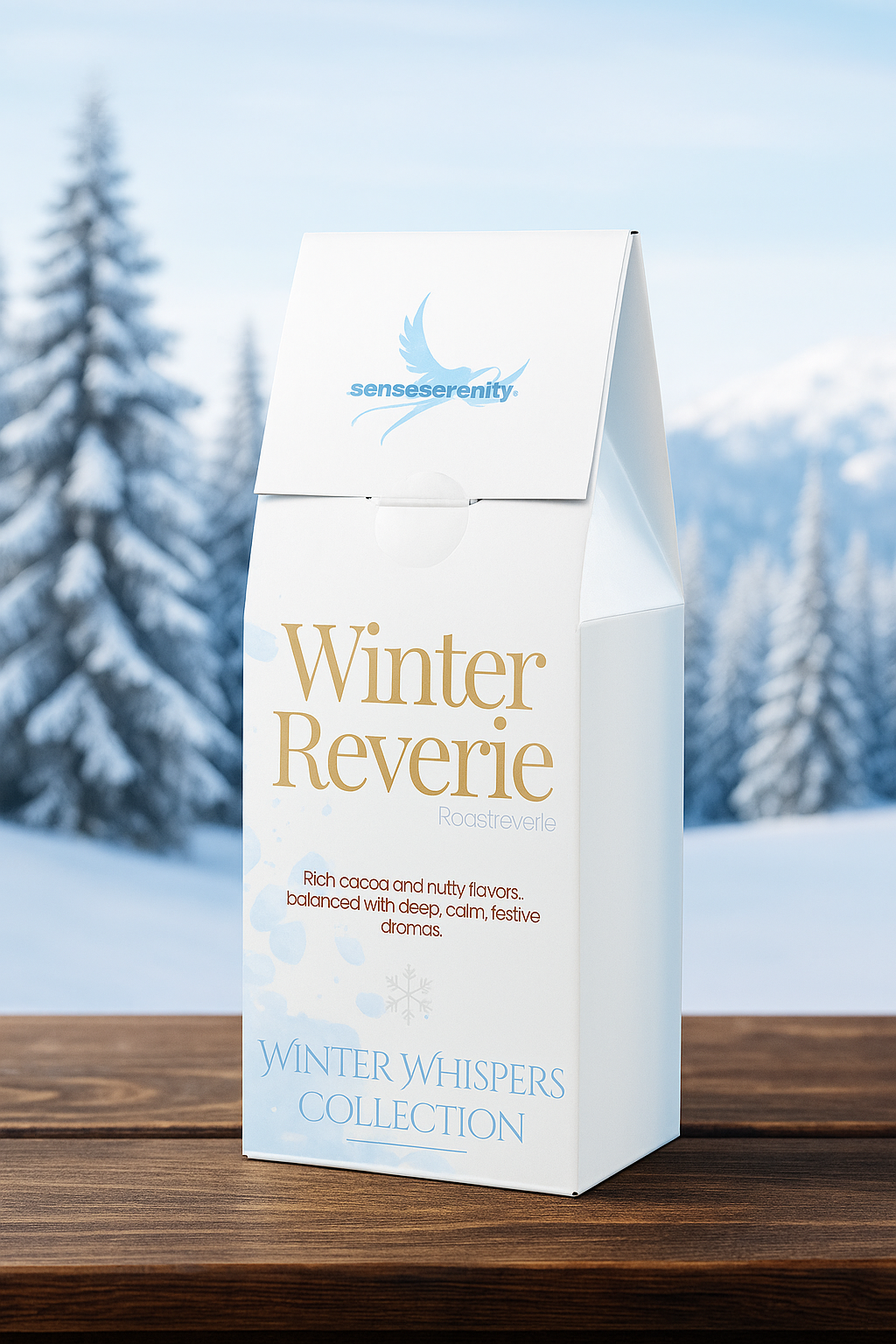 Winter Reverie Coffee – Rich Cocoa &amp; Nutty Medium-Dark Blend on table