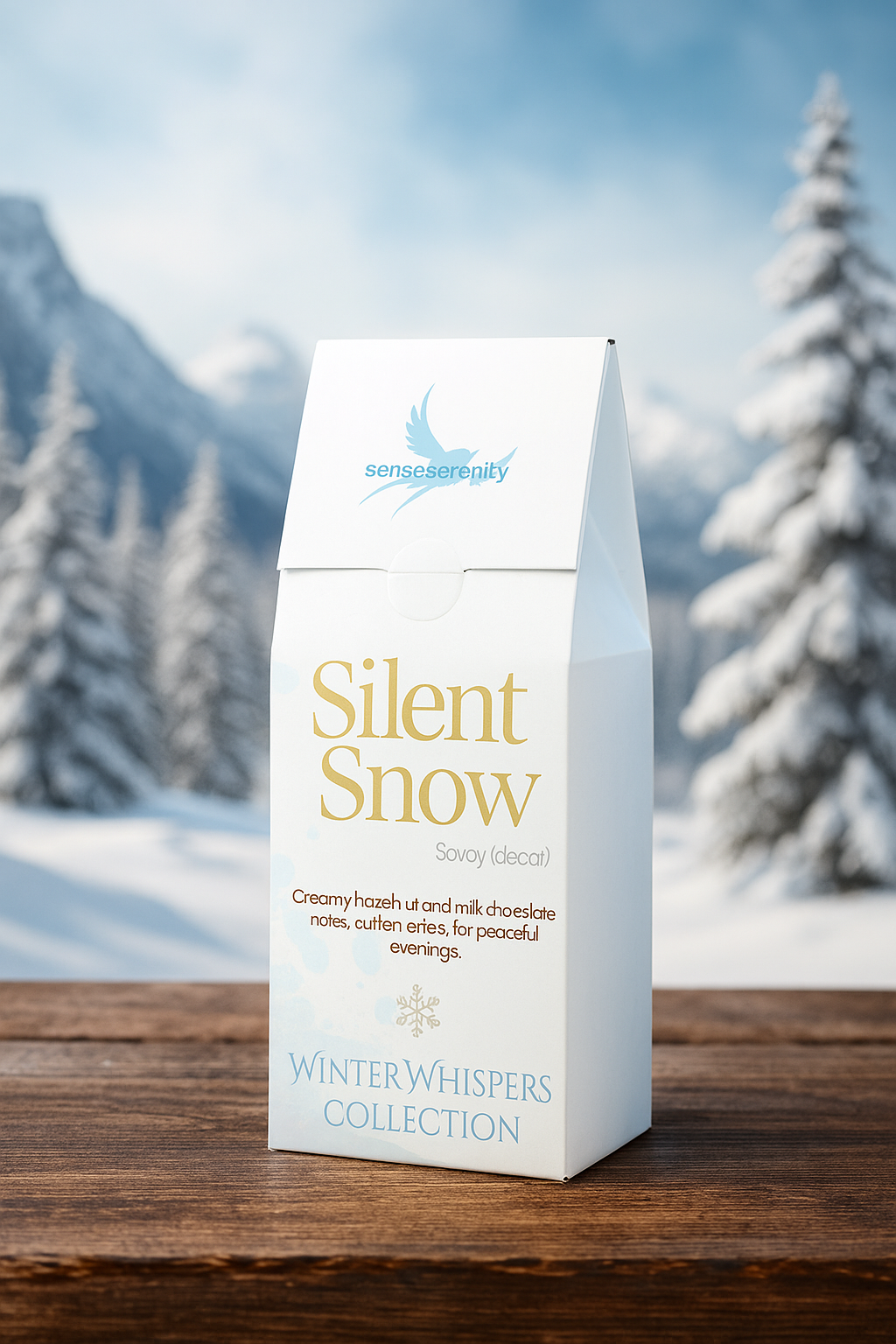 Silent Snow Decaf Coffee – Smooth Medium Roast Winter Blend on the table