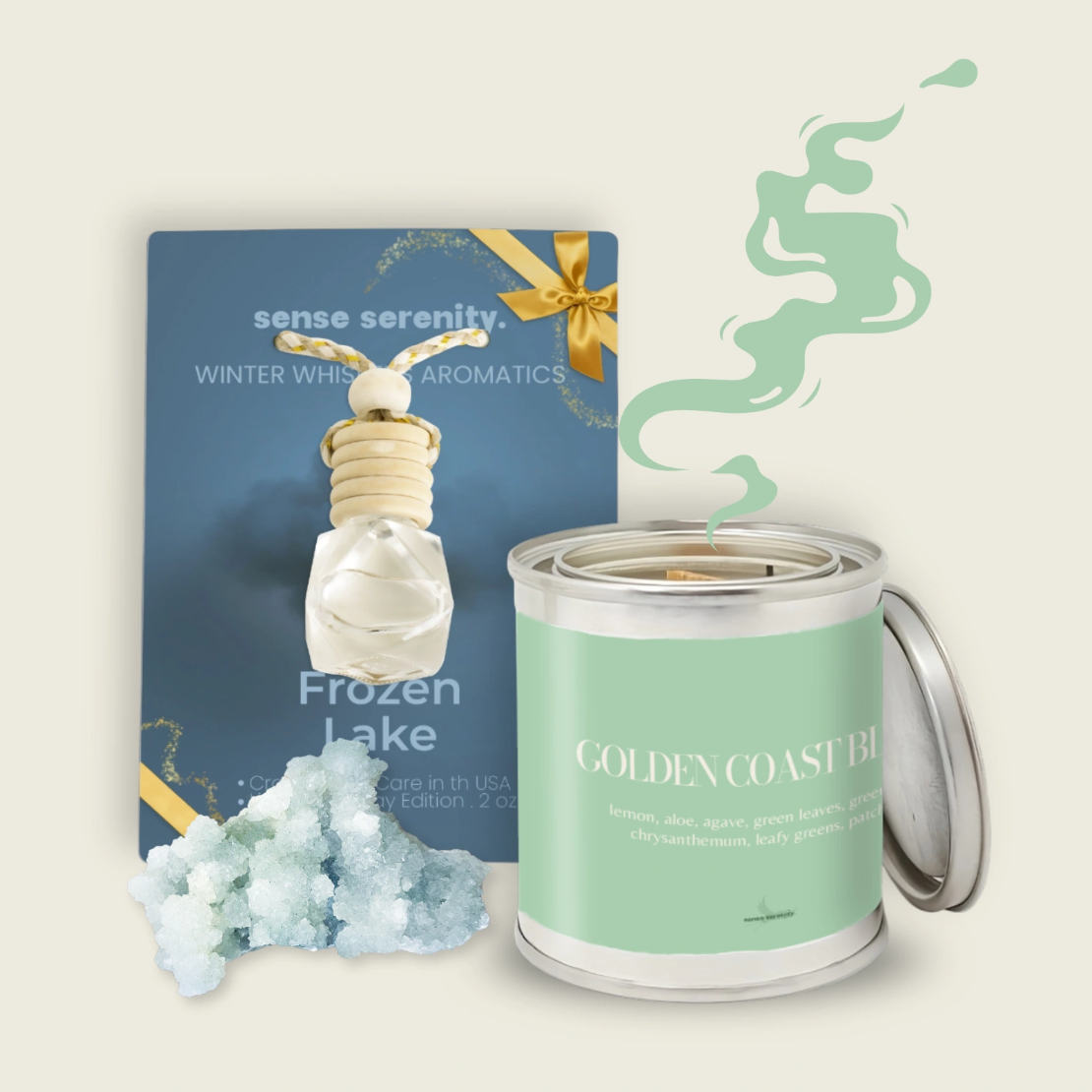Coastal Holiday Glow Bundle – Candle &amp; Mood Diffuser | Sense Serenity on the table