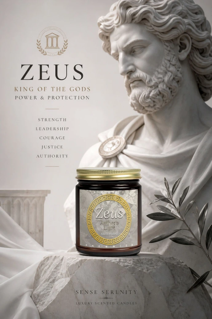 Unscented Zeus candle in clear glass jar with gold lid, minimalist Greek-inspired label, clean aesthetic luxury candle for calm and focused spaces