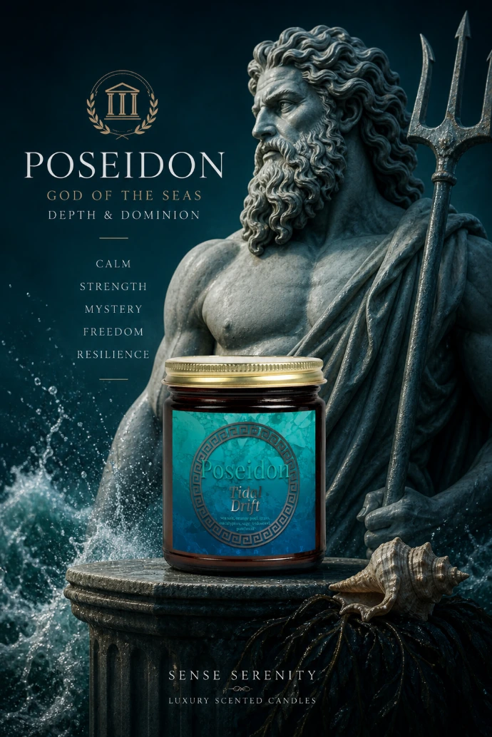 Sea salt and driftwood candle inspired by Poseidon. Deep oceanic atmosphere designed for calm, focus, and refined luxury spaces.
