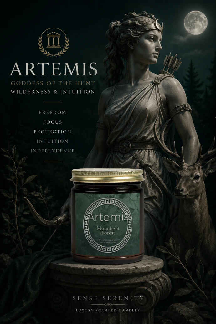 Fresh cedar and white sage candle inspired by Artemis. A cool forest atmosphere designed for clarity, focus, and quiet luxury.