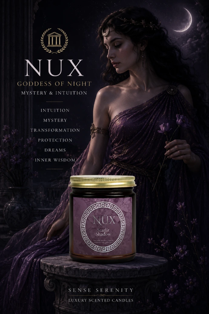 A dark blackberry vanilla candle inspired by Nyx, goddess of night and mystery. Soft warmth and deep fruit notes designed for an intimate luxury atmosphere.