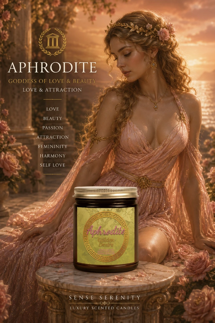 A warm mango and coconut milk candle inspired by Aphrodite, goddess of love and beauty. Soft tropical sweetness designed for an elegant luxury atmosphere.