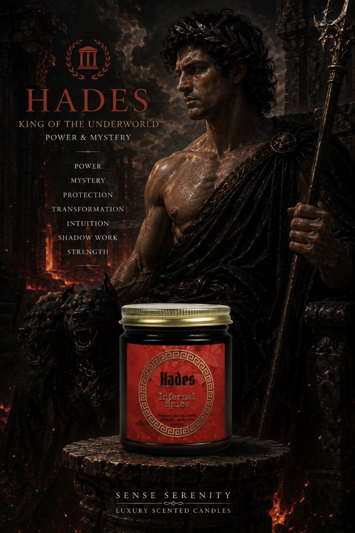 A dark spiced chai candle inspired by Hades, king of the underworld. Amber, clove, and cinnamon notes designed for a warm luxury evening atmosphere.