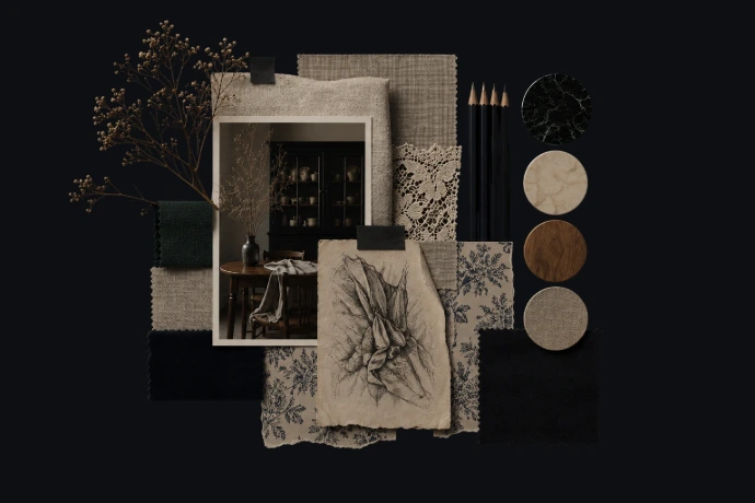 Artist-led moodboard with sketches, textiles, lace, and quiet interior inspiration for emotional living.