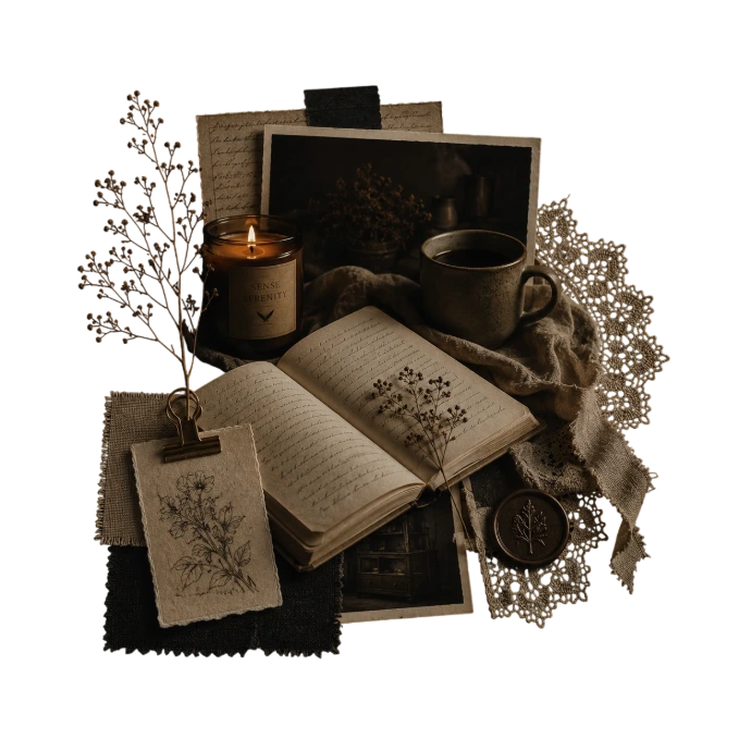 Warm journal flatlay with candlelight, handwritten notes, lace textures, and quiet evening atmosphere.