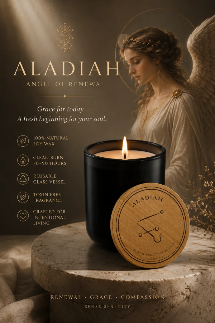 Luxury engraved soy candle inspired by Aladiah, angel of renewal, grace, and compassion. Designed for rituals, meditation, and intentional living