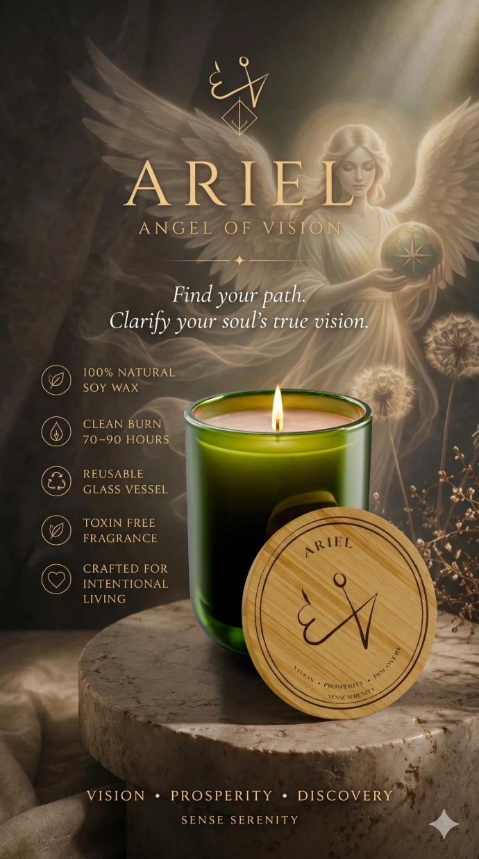 A luxury vineyard olive green glass soy candle with a glowing flame, standing on a stone pedestal. A round bamboo lid rests next to it, engraved with Ariel's angelic geometric seal and the words Vision, Prosperity, Discovery.