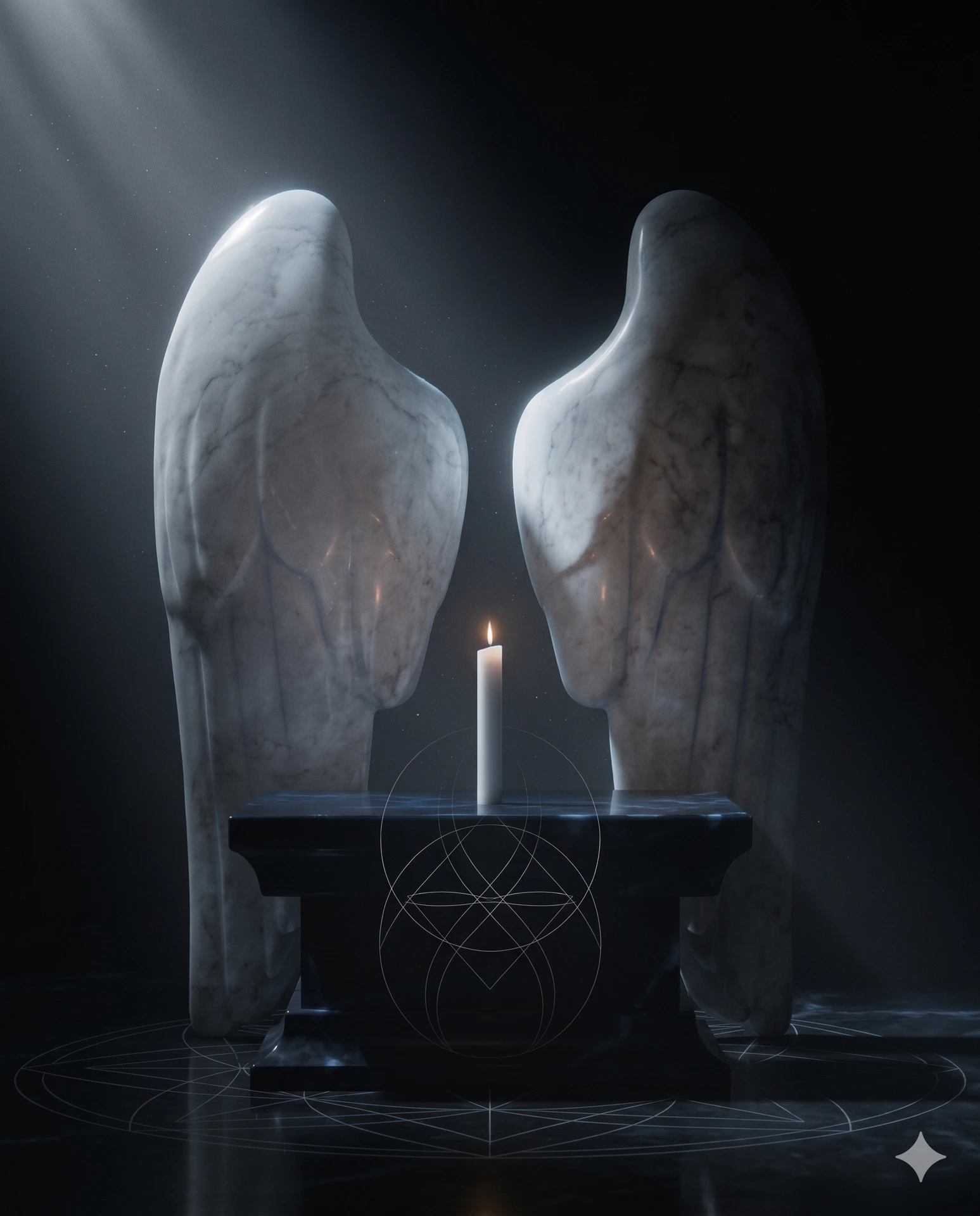 Minimalist luxury candle burning on a dark stone altar between two large sculpted marble angel wings.