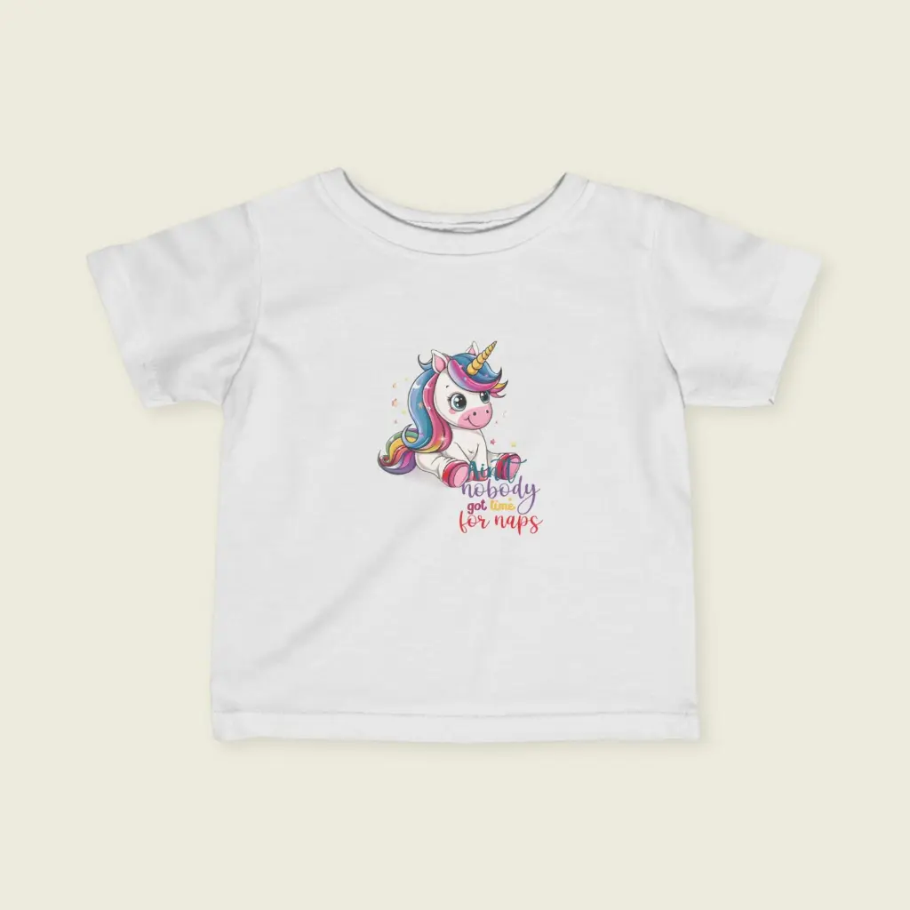 Sense Serenity™ Baby Unicorn Tee – Soft Cotton Infant T-Shirt, “Ain’t Nobody Got Time for Naps” Design White.webp