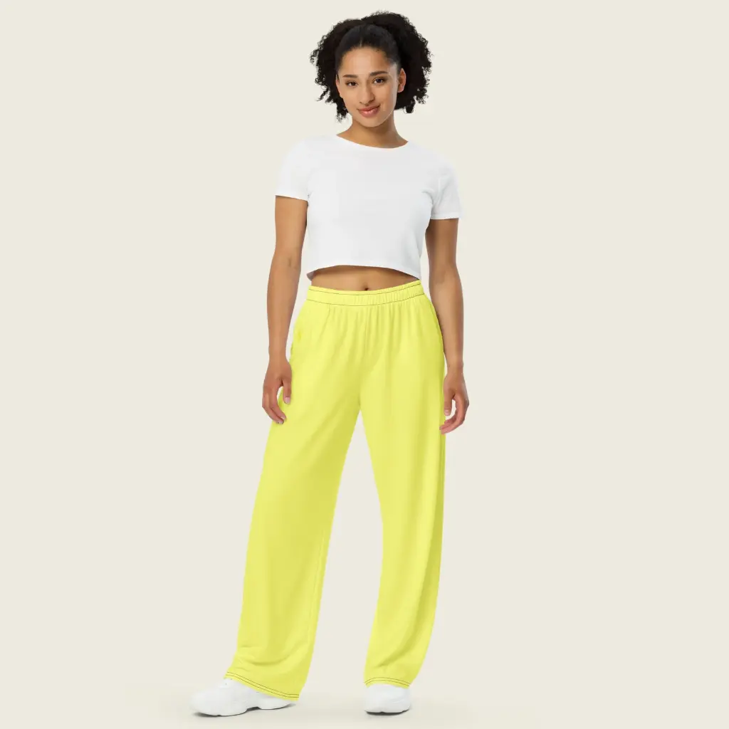 Butter Yellow Wide Leg Lounge Pants – Women's Relaxed Fit Streetwear mockups 4.webp