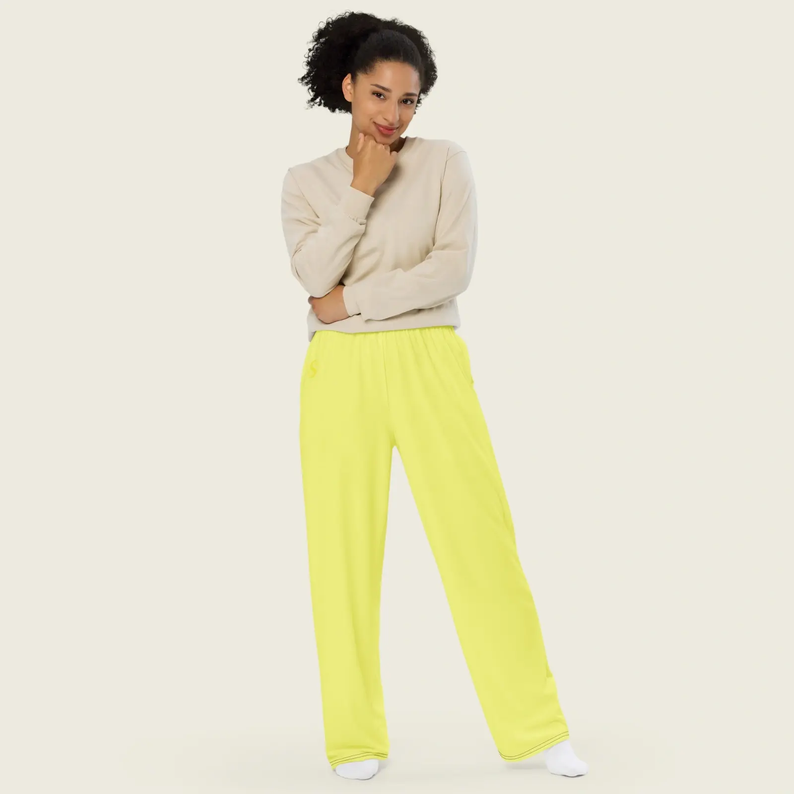 Butter Yellow Wide Leg Lounge Pants – Women's Relaxed Fit Streetwear mockups 3.webp