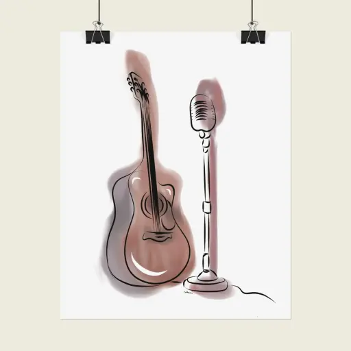 Vintage Acoustic Guitar & Microphone Poster – Music Wall Art Gift 